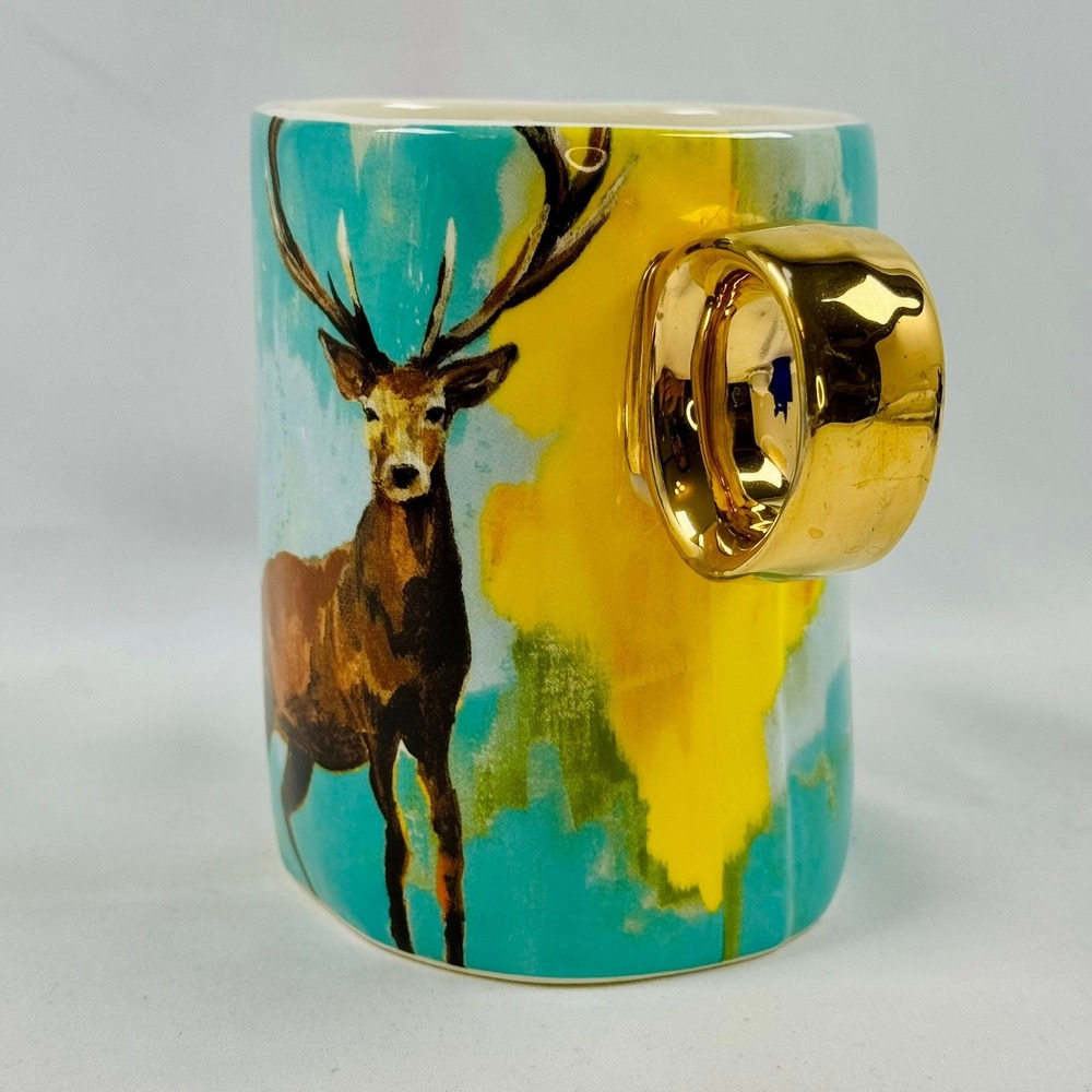 Anthropologie Deer Mug w/ Gold Handle Teal Yellow Lauren Walcott BOHO READ